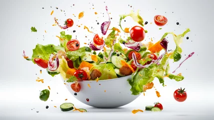 Fotobehang Vegetable salad in a bowl with flying ingredients and drops of olive oil.Generative AI © Evgeniya Uvarova