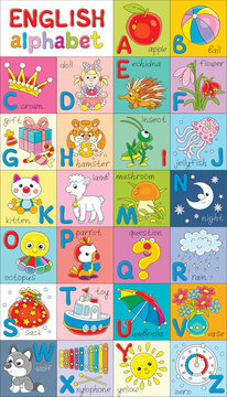 Colorful English alphabet for little kids with funny animals, toys, plants and home things, a set of vector cartoon illustrations