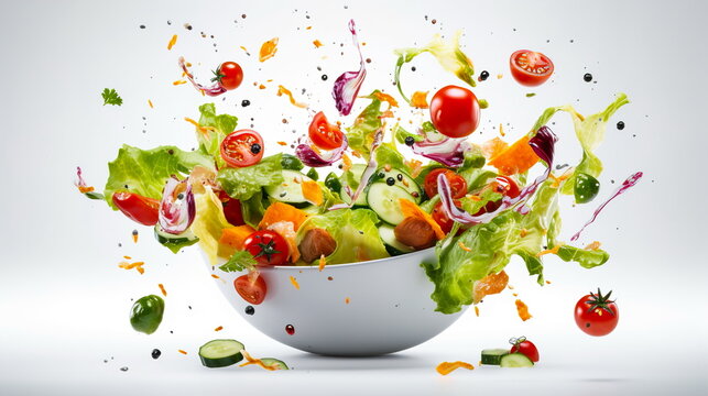 Vegetable salad in a bowl with flying ingredients and drops of olive oil.Generative AI