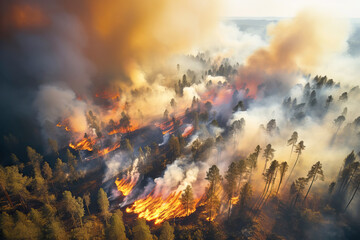 Aerial view of the burning forest with fire and smoke. Generative AI illustration