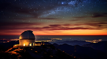 A bustling observatory atop a mountain peak, with astronomers peering through powerful telescopes at distant stars and galaxies