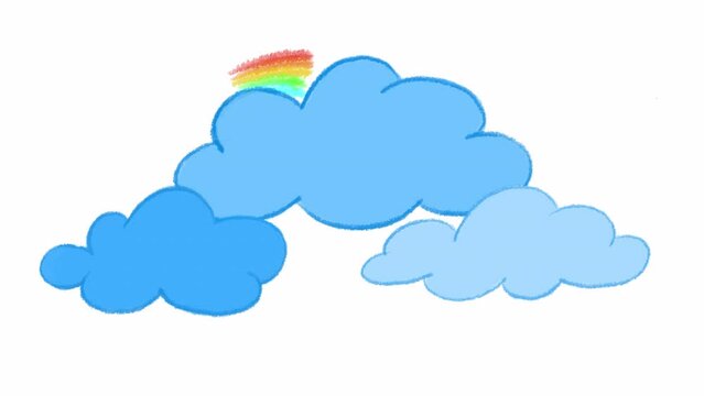 Looped video of clouds with rainbow and rain. Loading animation on a white background. Children's drawing with colored pencils. Change of weather, climate. Stock 4k video.