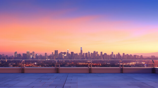 Stunning views of the city skyline from the rooftop terrace. Panoramic view on luxury penthouse roof at colorful sunset. View of buildings in front of the big city at sunset. Generative AI