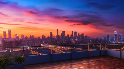 Obraz premium Stunning views of the city skyline from the rooftop terrace. Panoramic view on luxury penthouse roof at colorful sunset. View of buildings in front of the big city at sunset. Generative AI