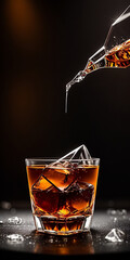whisky drink on a wooden table with a jigger on black background generated by AI
