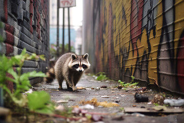 Wildlife in the City: A raccoon or squirrel exploring an urban environment. Generative AI.