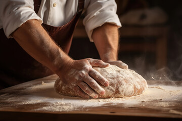 An unidentified artisan baker passionately kneads dough, preparing it for the delicious creation of bread, hands close up, generative ai 
