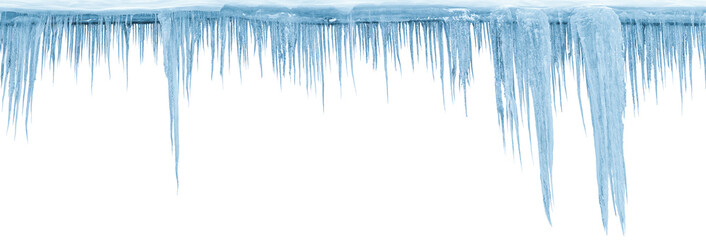 Icicles, isolated from the background, isolated object. Panoramic photo.
