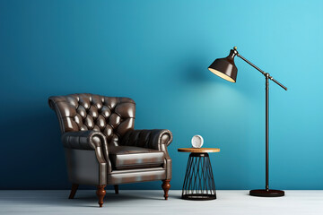 Classic style interior. Leather armchair with lamp and blue wall, generative ai 