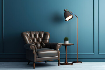 Classic style interior. Leather armchair with lamp and blue wall, generative ai 