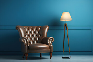 Classic style interior. Leather armchair with lamp and blue wall, generative ai 