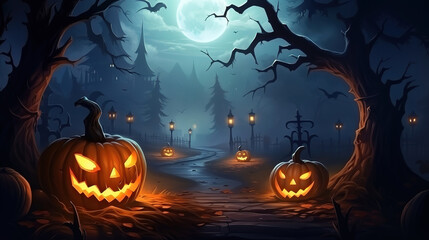 Halloween pumpkin patch in the moonlight. Jack O Lantern party, generative ai 