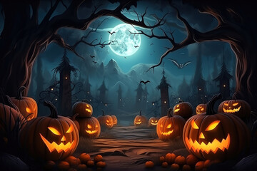 Halloween pumpkin patch in the moonlight. Jack O Lantern party, generative ai 