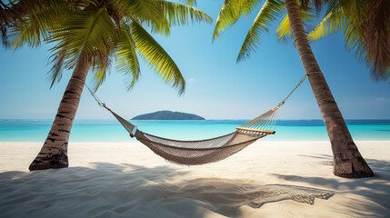 Fototapeta na wymiar hammock tied between two palm trees on a white sandy beach, generative ai 