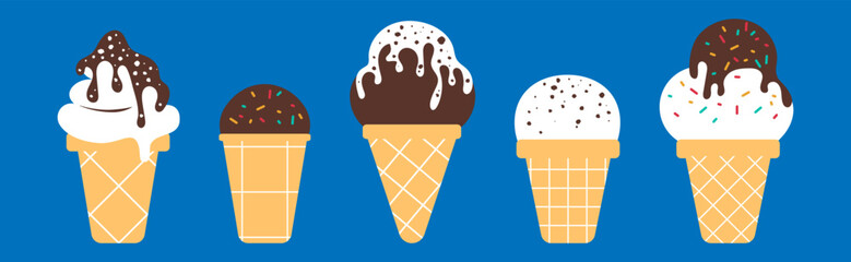 Ice cream in retro 90s style. Aesthetics of the 2000s. Ice cream in a waffle cup. Chocolate and white ice cream set. Futuristic simple illustration. Minimalism.