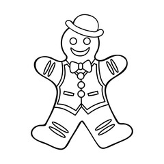 Coloring book gingerbread men. Christmas sweet. Happy New Year. Gentleman character. Hand drawn line art illustration. Coloring page for kids and adults.