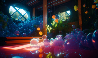 Illustration of futuristic interior. Home interior in bubbles. Generative AI.