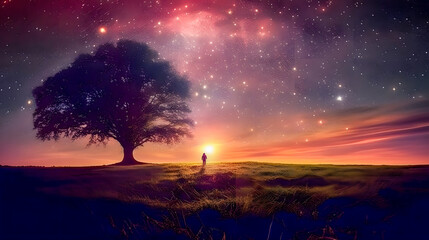 Obraz na płótnie Canvas Enchanted Evening: Young Woman Gazing at a Starry Landscape - generative ai