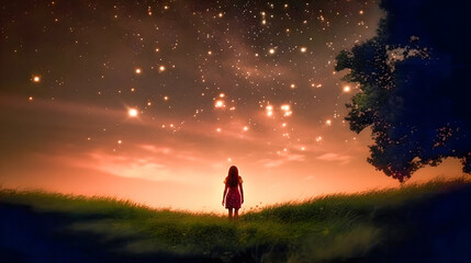 Enchanted Evening: Young Woman Gazing at a Starry Landscape - generative ai