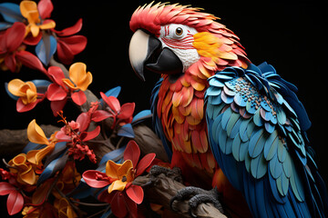 Close up Portrait of colorful Scarlet Macaw parrot against jungle background. Red Scarlet Macaw parrot, Ara macao in the natural habitat.