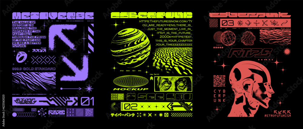 Poster brutalism acid print sets in retrofuturistic style, digital typeface, geometric shapes. retro y2k po