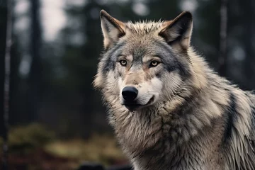 Fototapeten Beautiful and fierce wolf in the wilderness forest © Jeremy