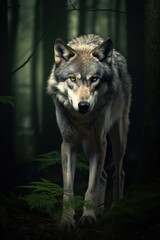 Naklejka na ściany i meble Beautiful and fierce wolf in the wilderness forest