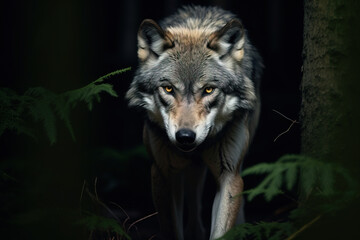 Fototapeta premium Beautiful and fierce wolf in the wilderness forest