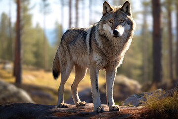 Fototapeta premium Beautiful and fierce wolf in the wilderness forest