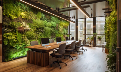 Modern office with green environment. Business building with ecology green. Generative AI. - obrazy, fototapety, plakaty