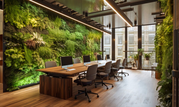 Modern Office With Green Environment. Business Building With Ecology Green. Generative AI.