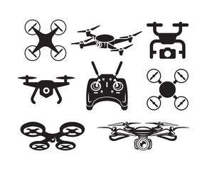 design vector icon illustration. flying drone icons set. air. Remote Control. collection or set of flat web signs. drone with video camera. take off. technologies