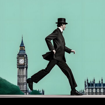 Stylized Drawing of an English Gentleman Passing by Big Ben - generative ai