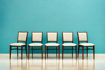 Row of chairs with one odd one out isolated on pastel blue background