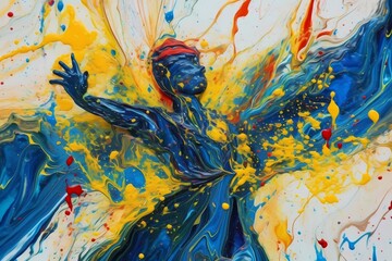 Abstract background of acrylic paint in blue and yellow tones with a figure of Ukrainian women