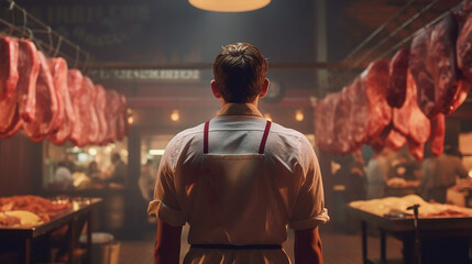 ai generative image back view of a butcher at work with meat  and his market as background 
