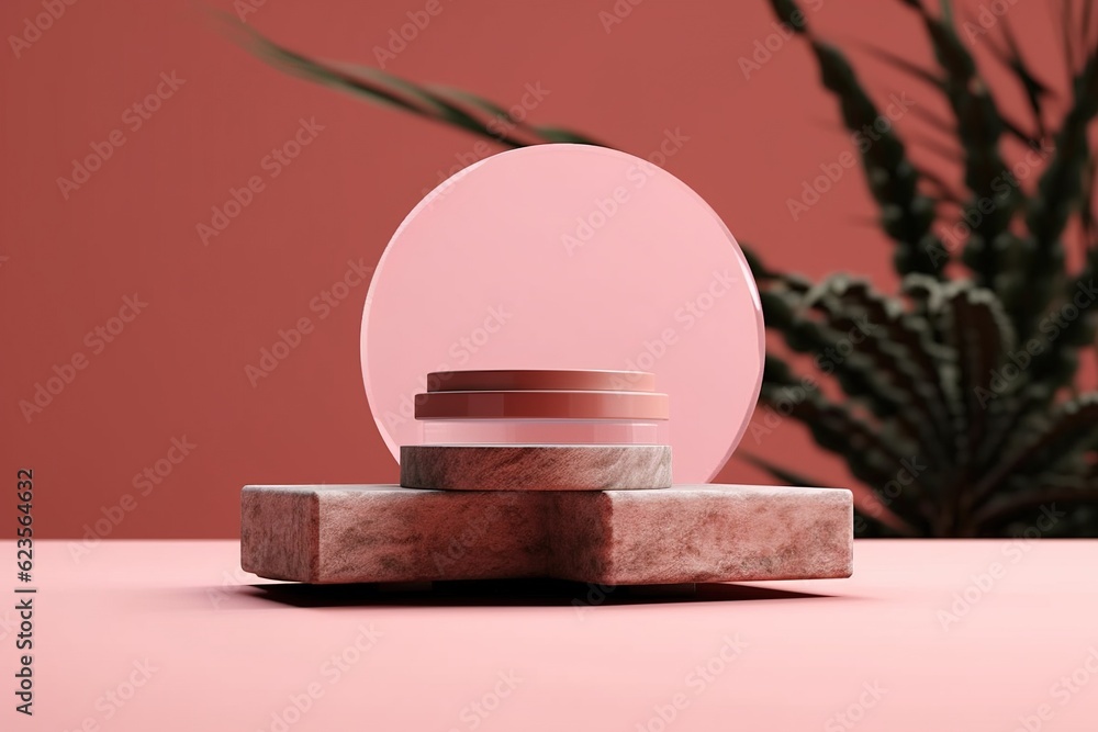 Wall mural spa still life. pink podium sits on top of rock. generative ai