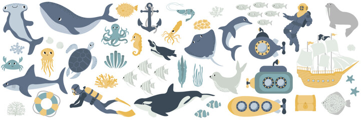 Vector ocean mega set with whale,turtle,jellyfish,shark,crab,octopus,diver,penguin,squid,dolphin,walrus,ship.Underwater animals.Illustration for fabric,childrens clothing,book,postcard,wrapping paper