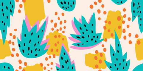 Seamless modern pattern with tropical plants. Hand drawn collage with palm leaf, fern branches, animal stains. Exotic colorful floral pattern with abstract elements on beige background. Freehand