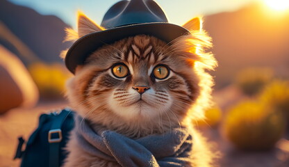 Funny fluffy cat in a hat and with a camera in the form of a tourist on the street with sunlight.Generative AI