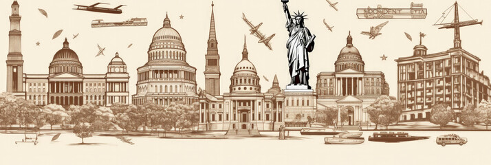 Washington DC city panorama, urban landscape. Business travel and travelling of landmarks. Illustration, web background. Buildings silhouette. United States - Generative AI