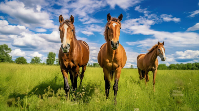 Awe-Inspiring Serenity: Panoramic Views of Horses in the Wilderness, cavalos na naturreza, generative ai