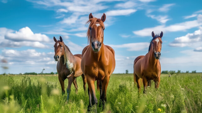 Awe-Inspiring Serenity: Panoramic Views of Horses in the Wilderness, cavalos na naturreza, generative ai