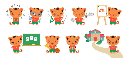 Back to school animal collection. Kawaii tiger - student of elementary school. Doodle set cute student with school supplies. Cartoon style. Flat design elements for ads, sticker, animation, packaging.