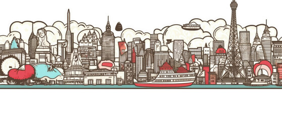 Naklejka premium Japan Famous Landmarks Skyline Silhouette Style, Colorful, Cityscape, Travel and Tourist Attraction - Generative AI