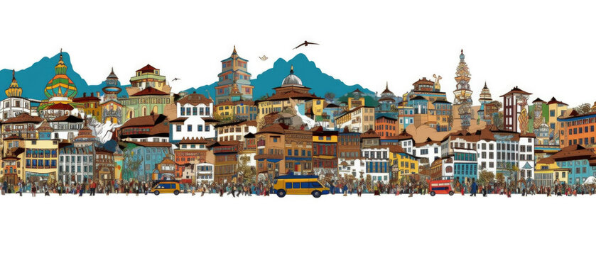Nepal Famous Landmarks Skyline Silhouette Style, Colorful, Cityscape, Travel and Tourist Attraction - Generative AI