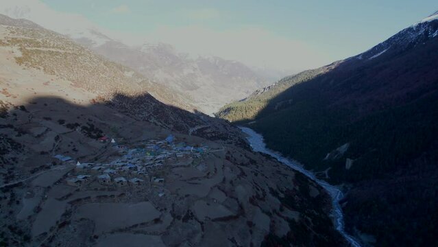 Aerial close up approaching view old traditional Khangshar village houses.Manang district. Tilicho base camp trail. Himalayas mountains. Tourism and Trekking in Himalayas concept.