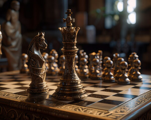 Beautiful chess pieces carved from wood. Chess figures on the chess board indoors. Blurred backdrop. Generative AI.