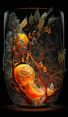 Glass vase with floristic elements and oranges inside. Beautiful composition, ikebana at black backdrop. Close up. Generative AI.