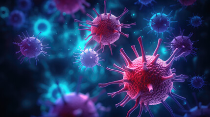 Magnified image of viruses attacking healthy cells. Microscopic View Of bacterias. Concept of science and medicine